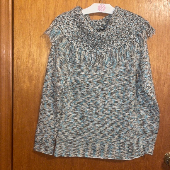 •SPANNER•NWOT TEAL/TAN/OATMEAL COWLNECK SHAWL FRINGE KNIT SWEATER SIZE MEDIUM - Picture 7 of 10